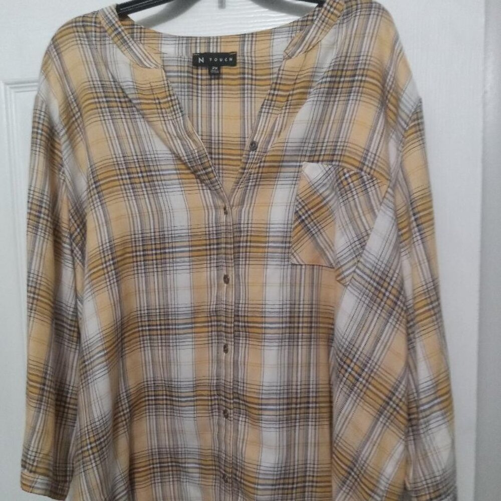 N Touch Yellow/Gold color plaid button up blouse